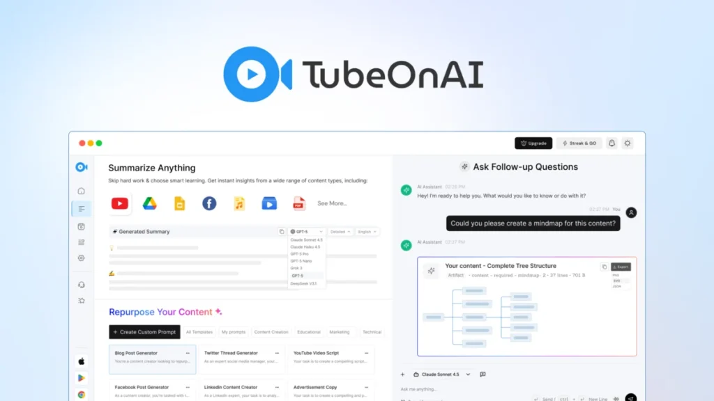 TubeOnAI – Repurpose content with AI summaries preview and deal image